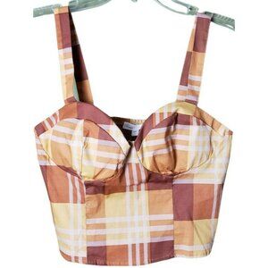 Twine & String Top Womens Plaid Cropped Smocked Juniors Size L Cotton Blend NWOT
